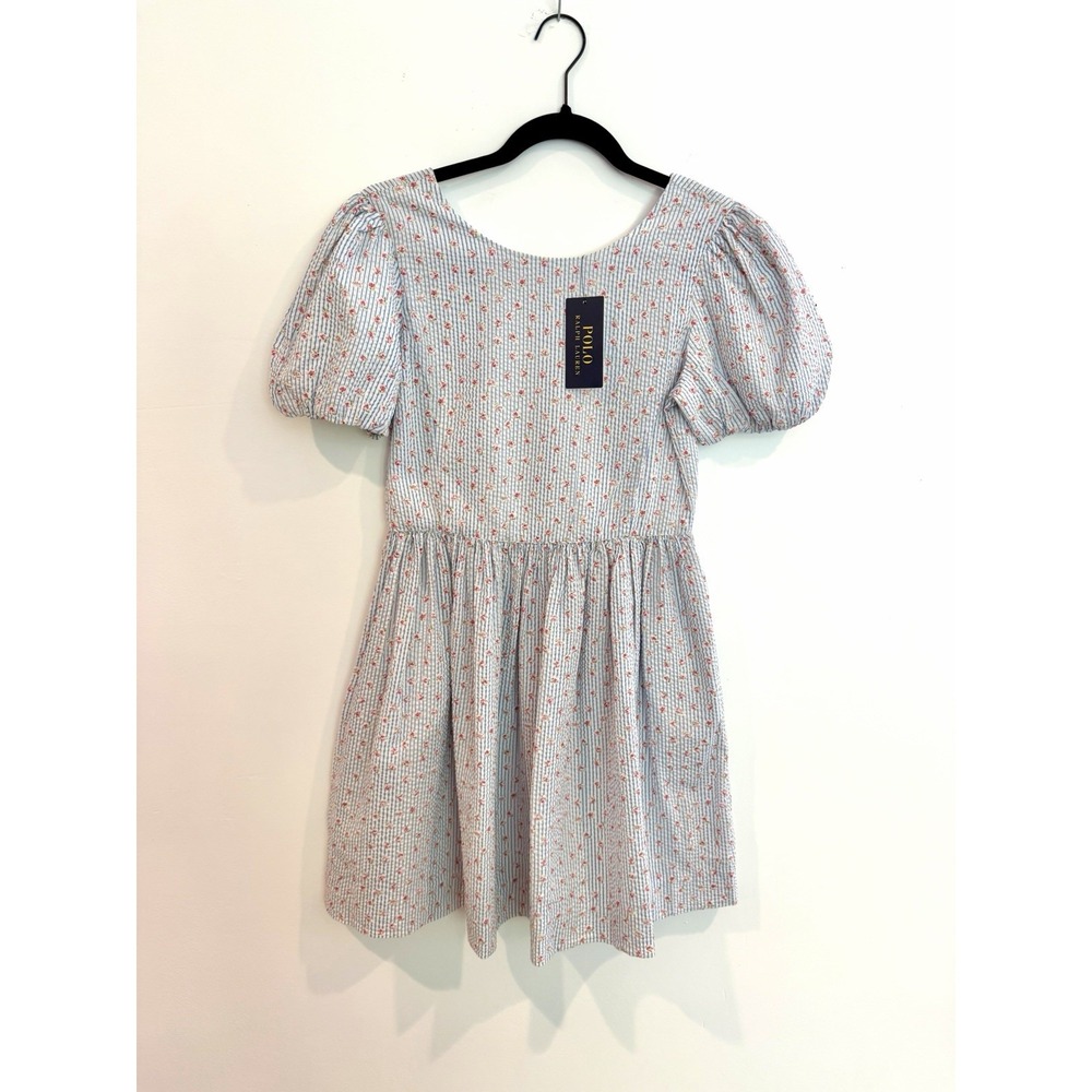 Polo Ralph Lauren Girls Dress Blue White Seersucker Floral NWT Sz 14 Puff Sleeve